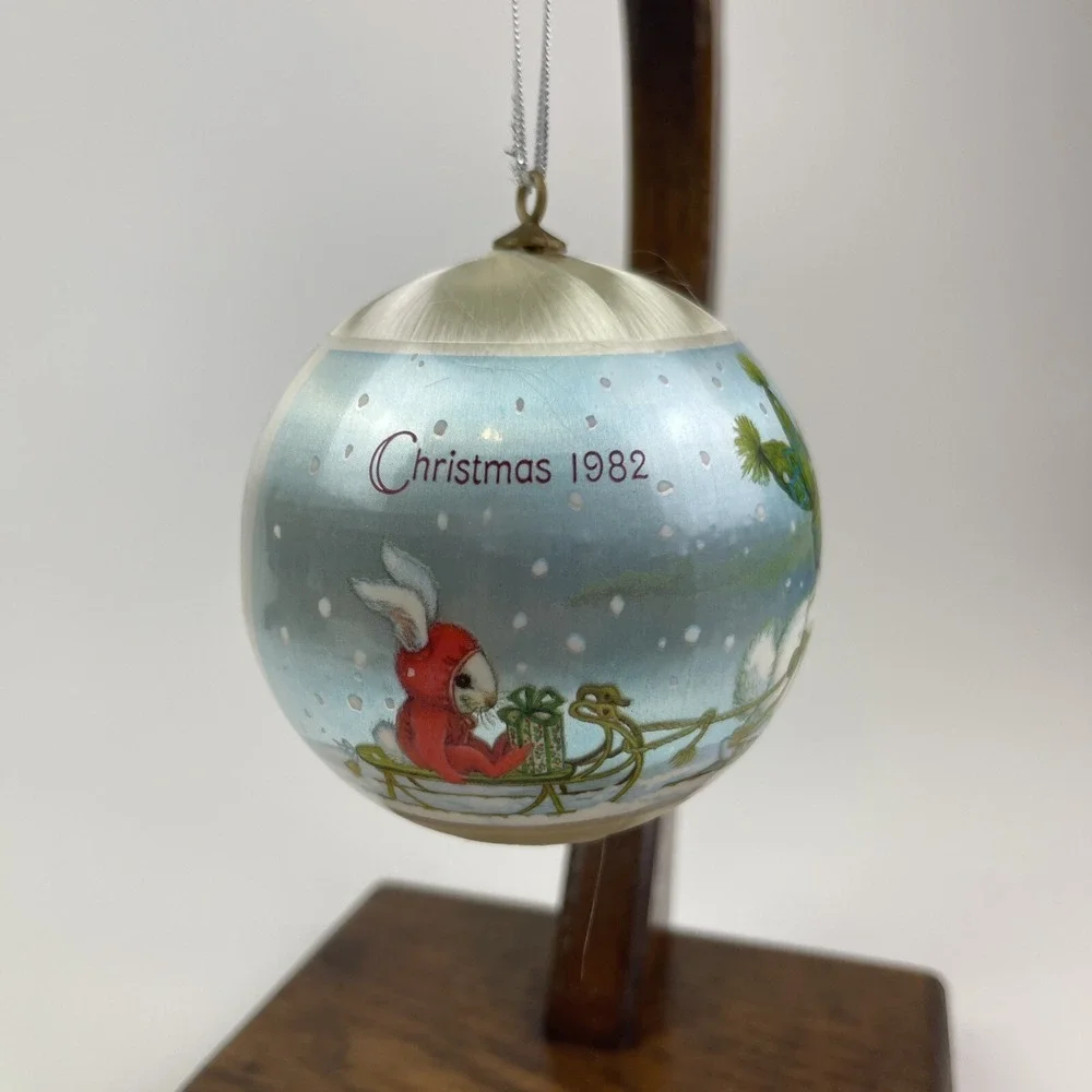Vintage 1982 Hallmark Grandson Satin Ball‎ Christmas Ornament Bunnies Sled Snow